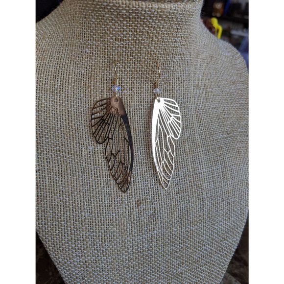 Gold Butterfly Wing Earrings; Cicada Wing Charms; Gold Plated; Laser Cut; Handma - Picture 3 of 10
